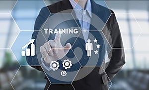 Businessman hand pressing button training.