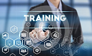 Businessman hand pressing button Training.