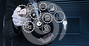 Businessman hand pressing an imaginary button