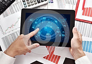 Businessman hand pushing envelope icon