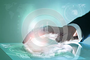 Businessman hand pushing on screen interface.
