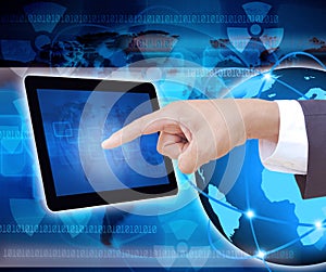 Businessman hand pushing tablet computer