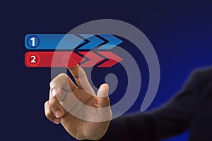 Businessman hand pushing on a touch button interface on blue bac