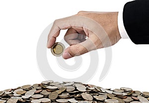 Businessman hand putting money coins, saving money concept, isolated on white background