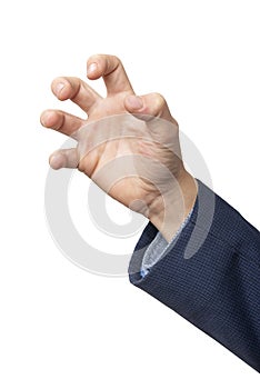Businessman hand showing paw sign with claws on white background. Vertical frame
