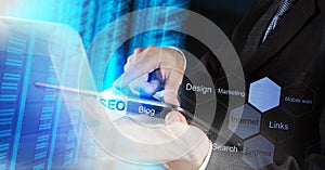 Businessman hand showing search engine optimization