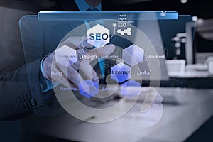 Businessman hand showing search engine optimization SEO