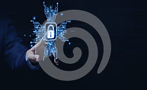 Businessman hand showing shield icon with lock sign. Computer password protection concept, internet network security, cyber