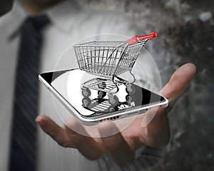 Businessman hand showing shopping cart with smart phone