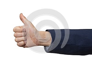 Businessman hand showing thumbs up sign, isolated on white background