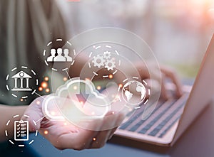 Businessman hand showing virtual screen cloud computing diagram. digital information database, Cloud technology. Data storage.