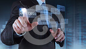 Businessman hand shows business success chart