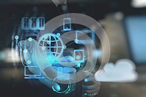 Businessman hand shows cloud network