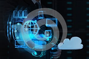 Businessman hand shows cloud network