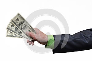 Businessman hand is stretching a dollars money isolated on gray background with copy space background. Financial help. Bribe and c
