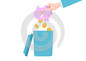 Businessman hand in suit hold broken pink pig bank, bad finance investing money strategy flat vector illustration