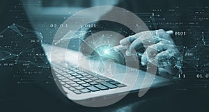 Businessman hand touch with Code html and programming on screen laptop,Programmer development Computer code,