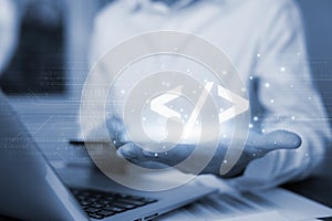 Businessman hand touch with Code html and programming on screen laptop,Programmer development Computer code