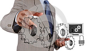 Businessman hand touch gear