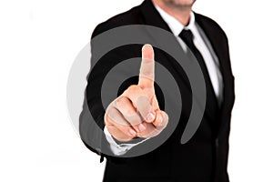 Businessman hand touching on empty virtual screen, modern business user interface UI background concept