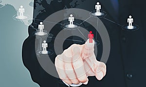 Businessman hand touching future technology social network button