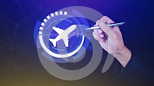 Businessman hand touching an plane airplane icon. Travel icons about travel planning, transportation, flight and passport. Flight
