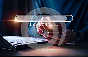 Businessman hand touching and pointing on loading bar year 2023 with virtual screen from 2022 to 2023, Businessman plan and