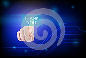 Businessman hand touching THANK YOU button on virtual screen. business, technology, innovation concept