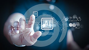 Businessman hand touching virtual AI icon interface. Concept of artificial intelligence technology, machine learning, big data