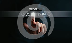 Businessman hand touching on virtual tab contact icons. Contact us or Customer support hotline people connect.  email, address,