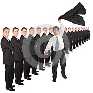 Businessman with hand up and business team