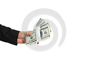 Businessman Hand with usd dollar money on white background, Giving and Financial concepts