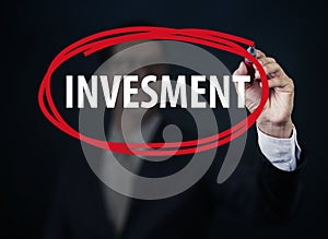 Businessman hand writing `Invesment` with red marker on transparent board.