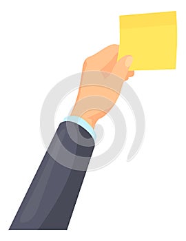 Businessman hand with yellow sticky note. Memo or reminder