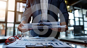 Businessman handing over documents.AI generated image