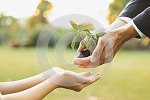 Businessman handing plant or sprout to young boy as eco company. Gyre
