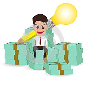 Businessman handle pencil lightbulb and sitting on money stacks