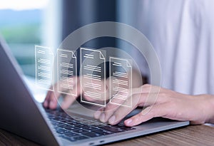 businessman handling electronic documents The concept of efficient access to a company's online business document database.