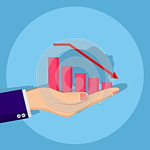 Businessman hands and the bear market. downward trend graph. Stock market trend down. Vector illustration