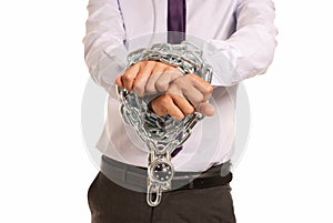 Businessman hands fettered chain padlock job slave photo