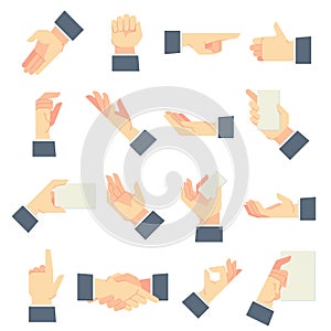 Businessman hands gestures. Direction pointing hand, giving handful gesture and hold in male hands cartoon vector illustration set