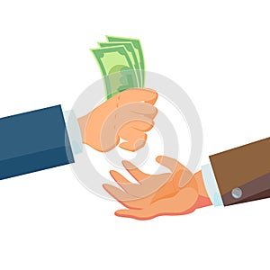 Businessman Hands Giving Money Vector. Salesman Agent And Owner. Banking Finance Sale Concept. Flat Business Cartoon