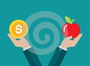 Businessman hands hold dollar coin and apple. Pay, buy, sell goods, market balance concept