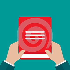 Businessman hands hold red open book isolated on blue. Flat reading icon