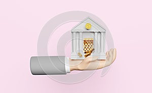 Businessman hands holding bank or tax office building with gold bar money bag isolated on pink pastel background.bank financing,