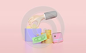 Businessman hands holding dollar coin with pile stacked coin, wallet, banknotes, credit card isolated on pink background. saving