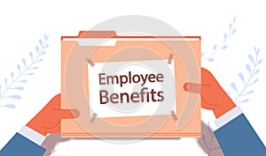 Businessman hands holding employee benefits documents file folder remuneration incentive payments concept