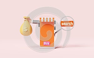 Businessman hands holding money bag with orange mobile phone,smartphone,store front,search label tag,magnifying isolated on pink.