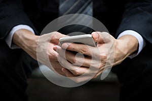 businessman hands holding smartphone in blurred back