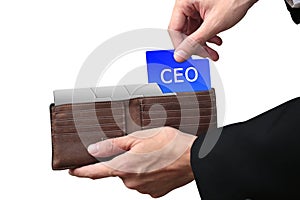 Businessman hands paying folder CEO concept on brown wallet.